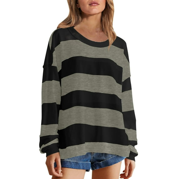 hotojiny Women Top Oversized Striped Color Block Long Sleeve Sweatshirt Crew Neck Casual Loose Pullover Shirts