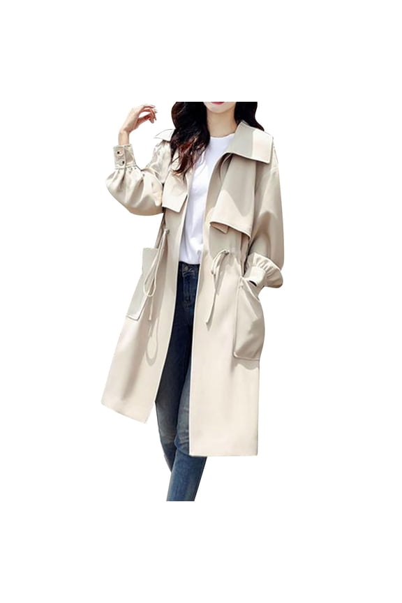 Women Trench Coat Fashion Mid-Length Drawstring Windbreaker Jacket Casual Long Sleeve Solid Color Overcoat with Pocket