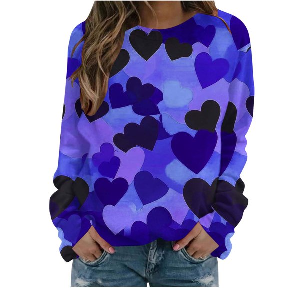 hotojiny Women Valentine's Day Shirts Cute Heart Print Sweatshirts Comfy Long Sleeve Pullover Tops for Gifts