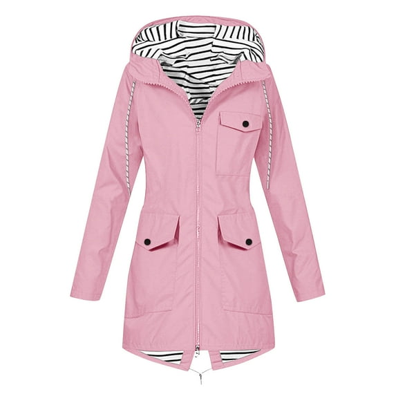 hotojiny Women Waterproof Outdoor Hiking Raincoat Full Zip Striped Lined Rain Jacket Lightweight Hooded Jackets Plus Size Trench Coats