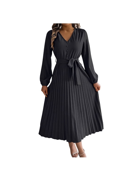 Women Wedding Guest Dresses Long Sleeve V Neck Fall Winter Midi Dress Pleated Tie Dress for Party Cocktail