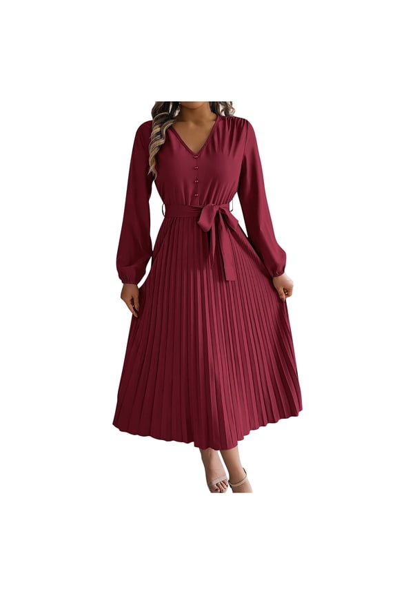 Women Wedding Guest Dresses Long Sleeve V Neck Fall Winter Midi Dress Pleated Tie Dress for Party Cocktail