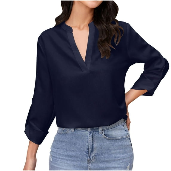 hotojiny Women Work Shirt Dressy Long Sleeve V Neck Lapel Business Tops Casual Loose Office Blouse Spring Fashion Outfits