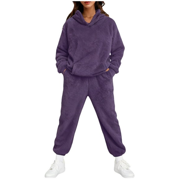 hotojiny Women's 2 Piece Fleece Pajamas Sets Winter Fluffy Sleepwear Warm Sherpa Pullover Hoodies Pants Sweatsuit Matching Set
