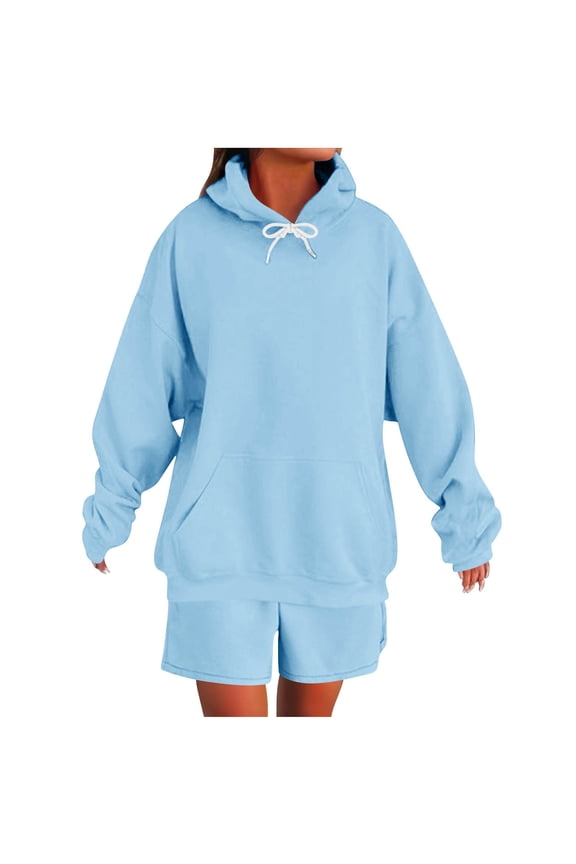 Women's 2 Piece Lounge Set Oversized Hooded Sweatshirts with Comfy Sweat Shorts Spring Matching Tracksuit Set