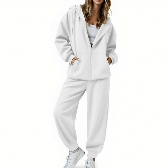 hotojiny Women's 2 Piece Outfits Spring Fashion Travel Set Oversized Hooded Zipper Jackets Baggy Jogger Pants Casual Cozy Sweatsuit