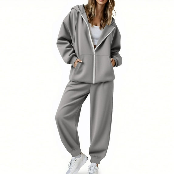 hotojiny Women's 2 Piece Outfits Spring Fashion Travel Set Oversized Hooded Zipper Jackets Baggy Jogger Pants Casual Cozy Sweatsuit