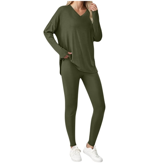 hotojiny Women's 2 Piece Outfits Spring Long Sleeve Loose Tunic Tops with Leggings Matching Lounge Sets Fall Sweatsuits