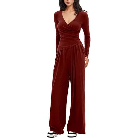 hotojiny Women's 2 Piece Outfits Spring Lounge Sets Warp V Neck Long Sleeve Tops with Flowy Wide Leg Pants Casual Matching Set