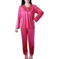 thumbnail image 1 of hotojiny Women's 2 Piece Satin Lounge Sets Plus Size Long Sleeve Lace V Neck Tops with Pants Pajamas Set Soft Sleepwear, 1 of 7