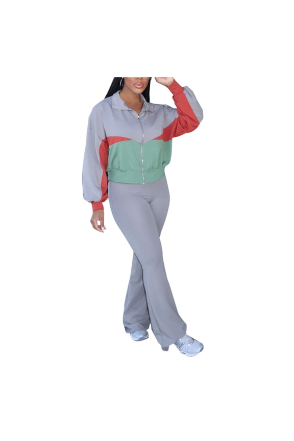 Women's 2 Piece Set Tracksuit Long Sleeve Zip Jacket Matching Flared Pants Sets Casual Outfit Color Block Sweatsuits