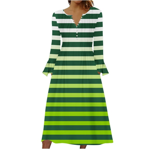 hotojiny Women's Long Sleeve Dresses V Neck Button Up Casual Long Dress Fashion Striped A Line Flowy Dress