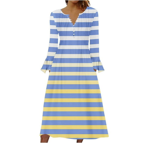 hotojiny Women's Long Sleeve Dresses V Neck Button Up Casual Long Dress Fashion Striped A Line Flowy Dress