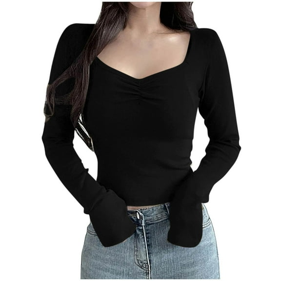 hotojiny Women's 2025 Long Sleeve Shirts Slim Stretchy Basic Casual T Shirts Spring Summer Fashion Going Out Tops