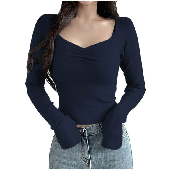 hotojiny Women's Long Sleeve Shirts Slim Stretchy Basic Casual T Shirts Spring Summer Fashion Going Out Tops