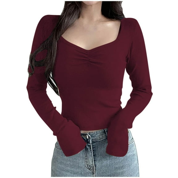 hotojiny Women's Long Sleeve Shirts Slim Stretchy Basic Casual T Shirts Spring Summer Fashion Going Out Tops