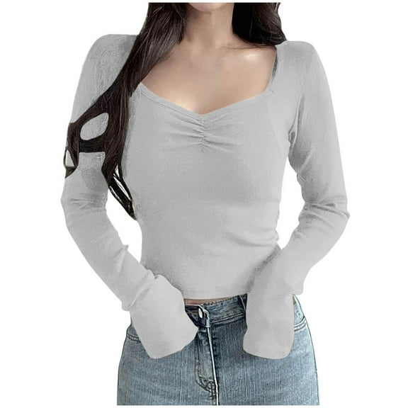 hotojiny Women's Long Sleeve Shirts Slim Stretchy Basic Casual T Shirts Spring Summer Fashion Going Out Tops