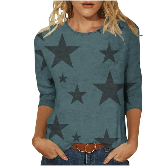 hotojiny Women's 3/4 Sleeve Shirts Oversized Crew Neck Loose Pullover Tops Fall Printed Casual Lightweight Blouse
