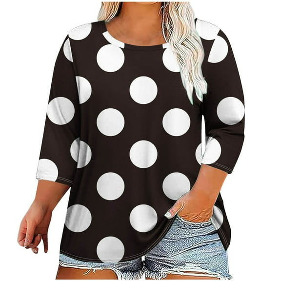 hotojiny Women's 3/4 Sleeves Shirts Crewneck Plus Size Loose Tunic Tops Polka Dot Cute Casual Pullover Blouses