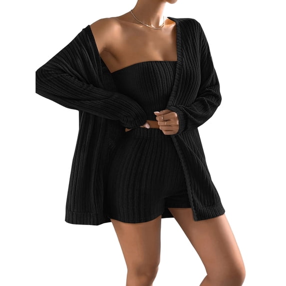hotojiny Women's 3 Piece Pajama Set Lightweight Ribbed Knit Sleepwear Open Front Long Sleeve Cardigan Tube Top with Shorts Pjs Set