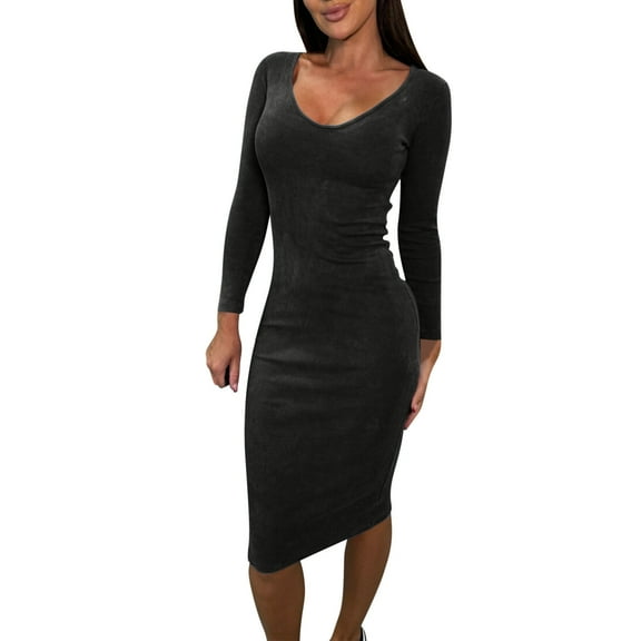 hotojiny Women's Bodycon Midi Dress Elegant Long Sleeve Slim Knitted Dresses Fashion Cocktail Party Club Dresses