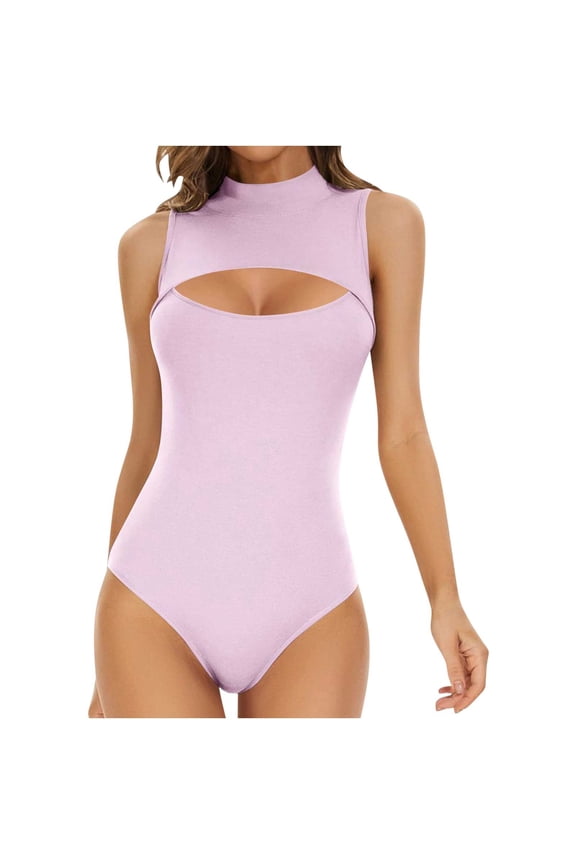 Women's Bodysuits Trendy Cut out Mock Neck Sleeveless Bodycon Jumpsuit Casual Slim Tight Rompers