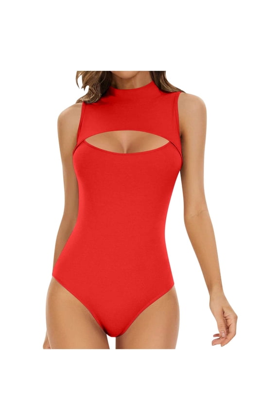 Women's Bodysuits Trendy Cut out Mock Neck Sleeveless Bodycon Jumpsuit Casual Slim Tight Rompers