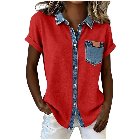 hotojiny Women's Button Down Shirts Short Sleeve Collared Jean Western Shirts Summer Tops Dressy Casual Work Denim Blouses