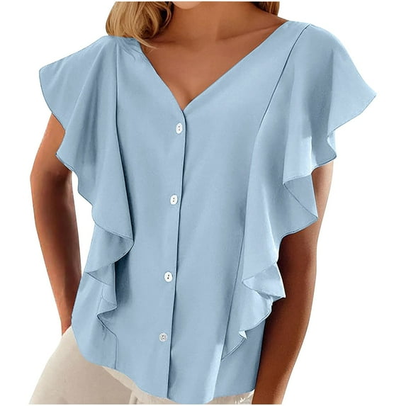 hotojiny Women's Button Down Shirts Summer Fashion Chiffon Ruffle Cap Sleeve V Neck Tops Comfy Loose Lounge Beach Blouse