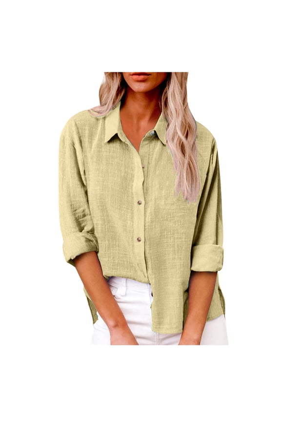Womens Button down Shirts Cotton Linen Casual Laple Long Sleeve Tops Work Office Solid Color Tshirts