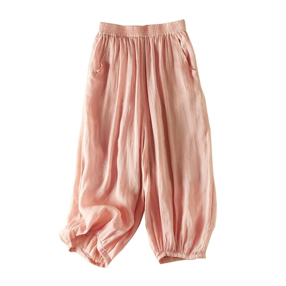 hotojiny Women's Capri Pants Flowy Elastic Waist Linen Pants Pleated Cinch Bottom Loose Casual Cropped Trouser with Pockets