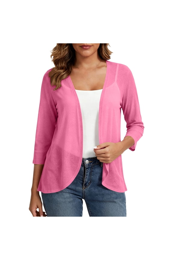 Women's Cardigan Casual 3/4 Sleeve Open Front Blouses Lightweight See Through Soft Cardigans Summer Clothes