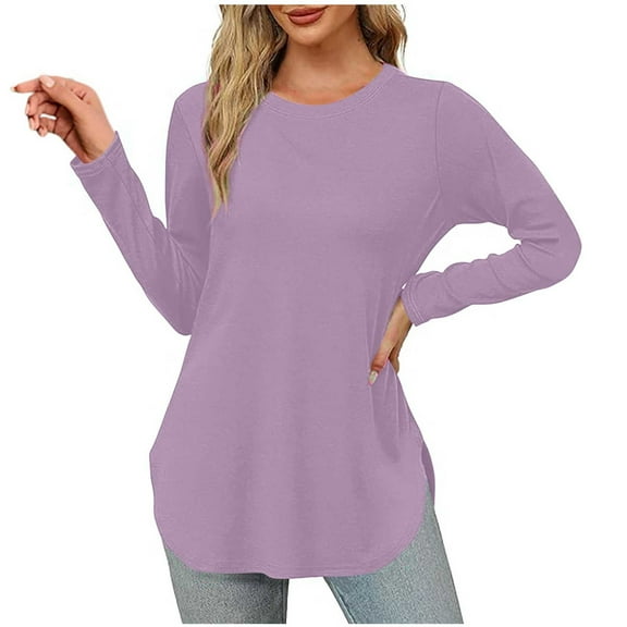 hotojiny Women's Casual Crew Neck Tops Fall Loose Long Sleeve T Shirts Side Slit Lightweight Tunic Tops