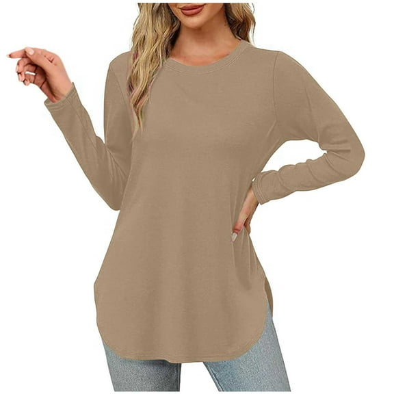 hotojiny Women's Casual Crew Neck Tops Fall Loose Long Sleeve T Shirts Side Slit Lightweight Tunic Tops