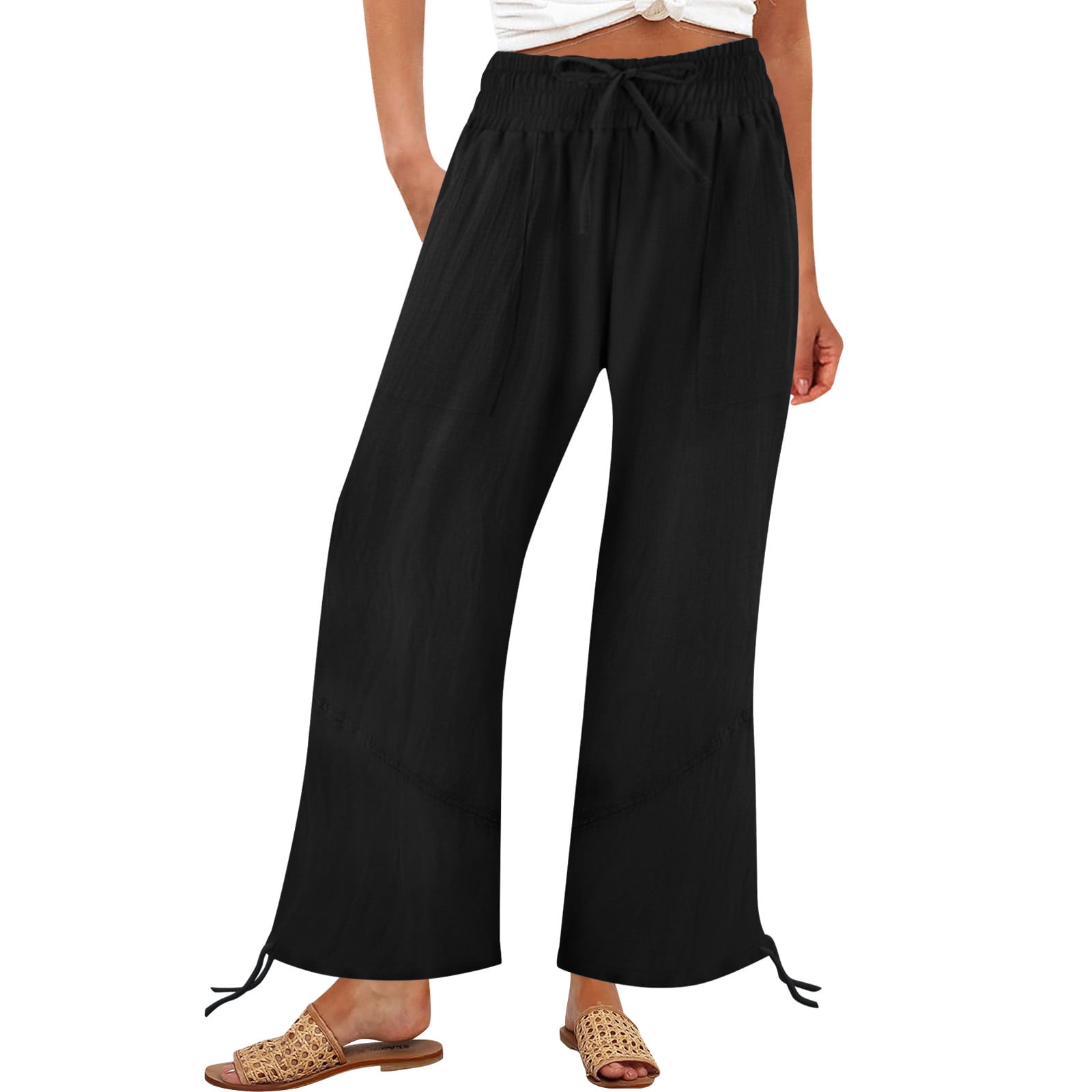 Casual Colorblock Drawstring Women's Cotton Wide Leg Pants With Pockets