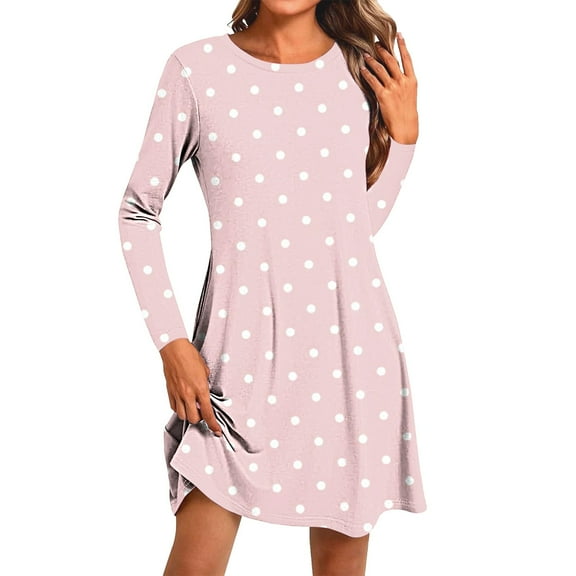 hotojiny Women's Casual Dress Soft Long Sleeve Crewneck Flowy Dress Lounge Comfy Fashion Beach Vacation Dress