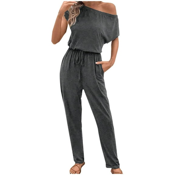 hotojiny Women's Casual Jumpsuits One-Shoulder Short Sleeve Mid Waisted Rompers Trendy Loose Playsuit with Pockets