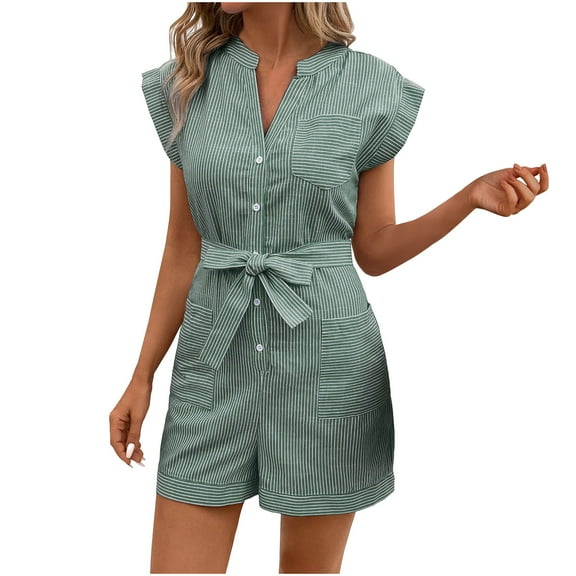 hotojiny Women's Casual Jumpsuits Summer Fashion Button down Sleeveless Short Rompers Lounge Lightweight Jumpsuits with Belt