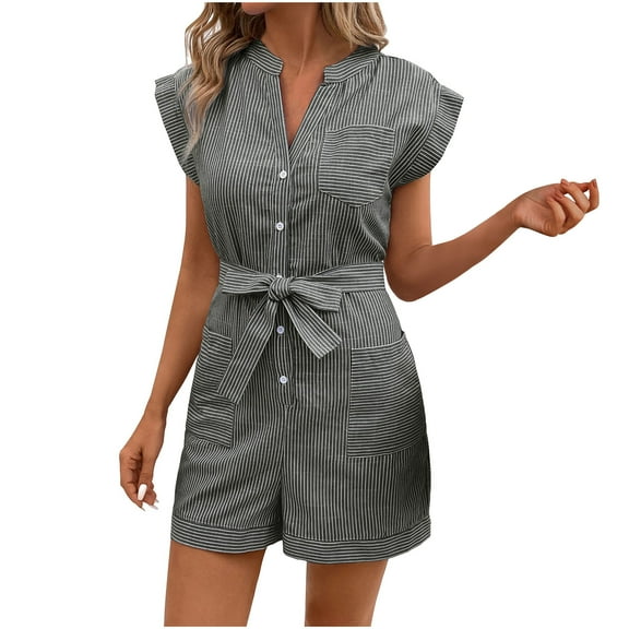 hotojiny Women's Casual Jumpsuits Summer Fashion Button down Sleeveless Short Rompers Lounge Lightweight Jumpsuits with Belt