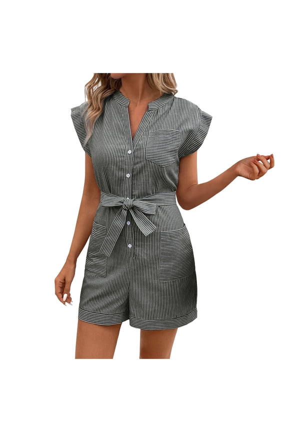 Women's Casual Jumpsuits Summer Fashion Button down Sleeveless Short Rompers Lounge Lightweight Jumpsuits with Belt