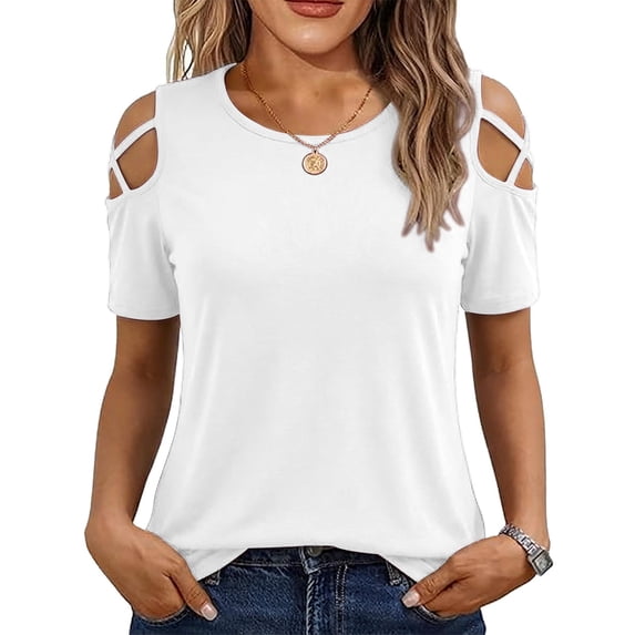 hotojiny Women's Cold Shoudler Tops Spring Short Sleeve Office Work T-Shirts Summer Crew Neck Loose Fit Tunic Tee S-2XL