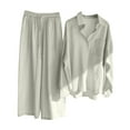 thumbnail image 1 of hotojiny Women's Cotton Linen Pants Sets 2 Piece Outfit Long Sleeve Button down Shirt and Wide Leg Trousers for Vacation Beach, 1 of 1