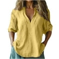 thumbnail image 1 of hotojiny Women's Cotton Linen Shirt Oversized V Neck Plain Blouse 3/4 Sleeves Casual Loose Fit Tunic Tops Summer Beach Clothes, 1 of 5