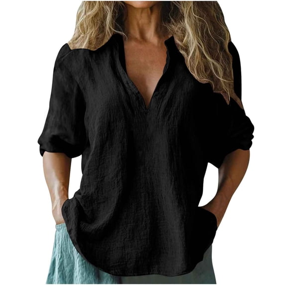 hotojiny Women's Cotton Linen Shirt Oversized V Neck Plain Blouse 3/4 Sleeves Casual Loose Fit Tunic Tops Summer Beach Clothes
