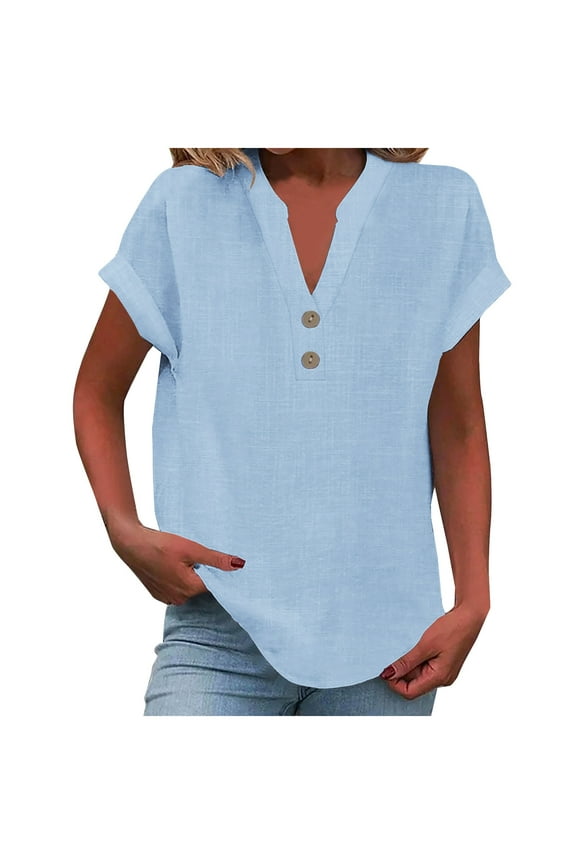 Womens Short Sleeve Cotton Linen Shirts Casual Loose Summer Tee Shirt V Neck Trendy Tops Blouses
