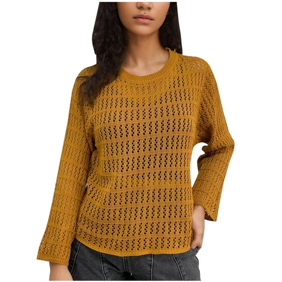 hotojiny Women's Crochet Tops Long Sleeve Hollow Out Knit Pullover Tops Fashion Crew Neck See Through Mesh Cover Ups