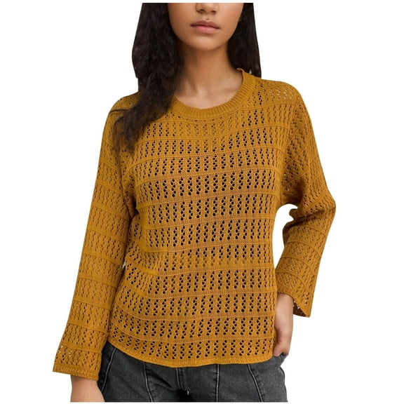 hotojiny Women's Crochet Tops Long Sleeve Hollow Out Knit Pullover Tops Fashion Crew Neck See Through Mesh Cover Ups