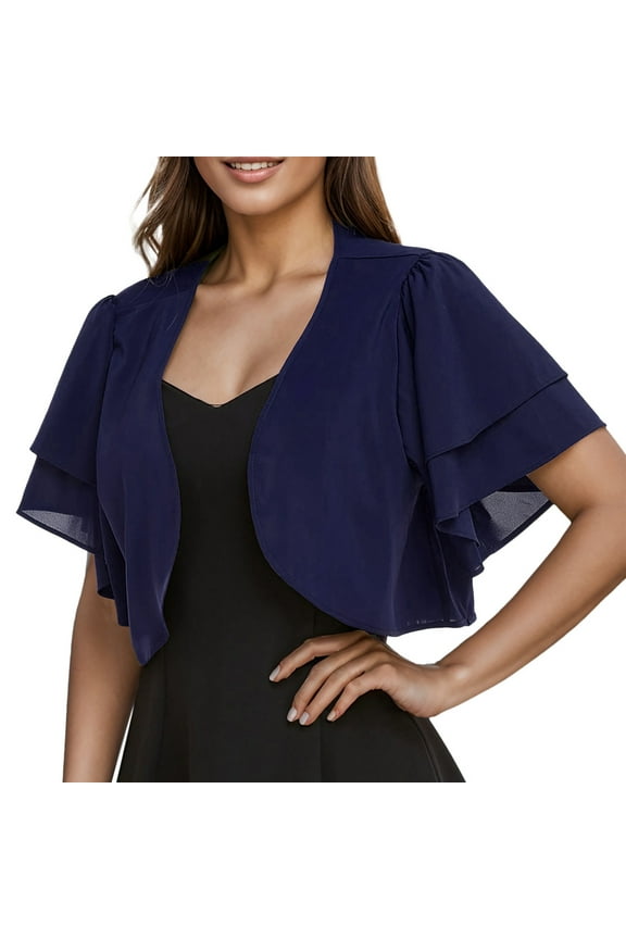 Women's Crop Cardigan Shrug Chiffon Ruffle Short Sleeve Open Front Loose Coats Solid Color Fashion Tops for Fall