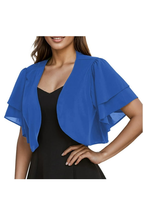 Women's Crop Cardigan Shrug Chiffon Ruffle Short Sleeve Open Front Loose Coats Solid Color Fashion Tops for Fall