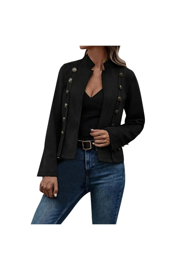 Women's Cropped Jacket Double Breasted Stand Collar Open Front Coats Long Sleeves Solid Casual Outerwear